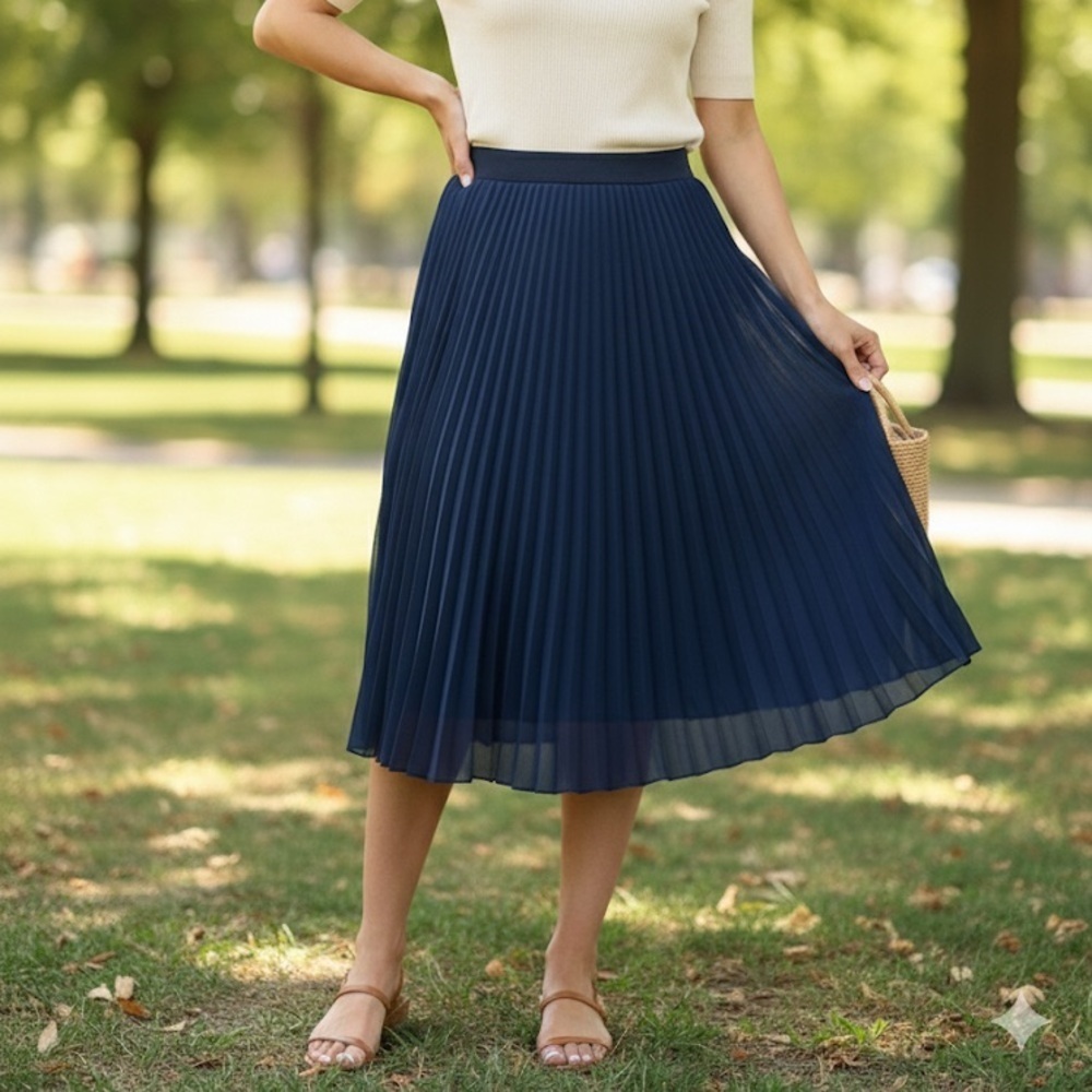 Lapis ($68) Navy Pleated Midi Skirt A-Line Chiffon Lined Size M